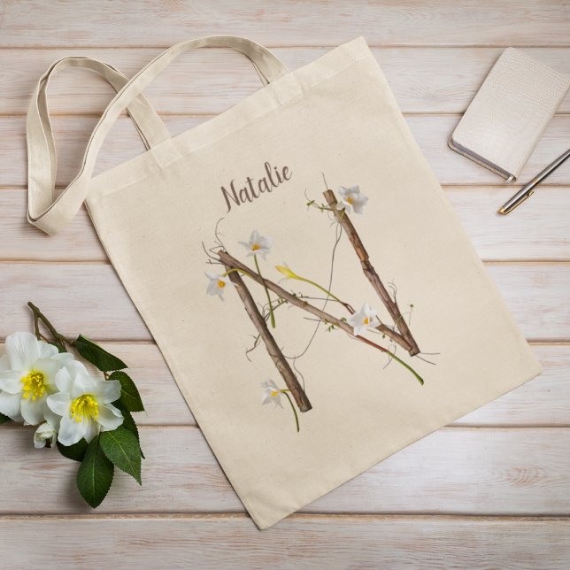 Bolso De Tela Elegante White Daffodils Monograma Floral N Person (Subido por el creador)