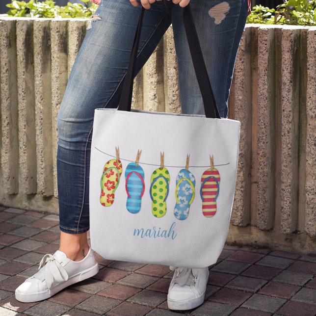 Bolso De Tela Elegante Y Moderno Cute Sencillo Flip Flops De Pla (Colorful beach flip flops personalized tote bag. )