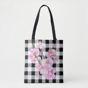 Bolso De Tela Elegantes flores de cerezo rosado gingham blanco n
