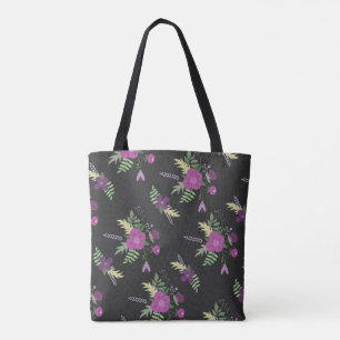 Bolso De Tela Elegantes flores púrpuras arte en negro