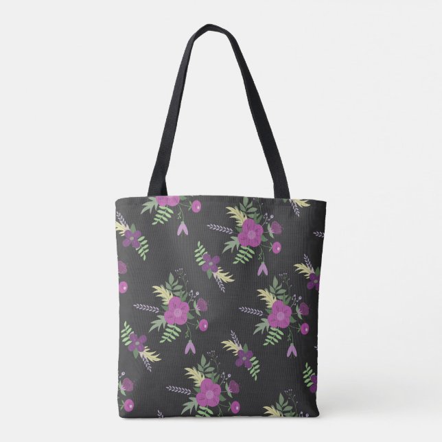 Bolso De Tela Elegantes flores púrpuras arte en negro (Reverso)