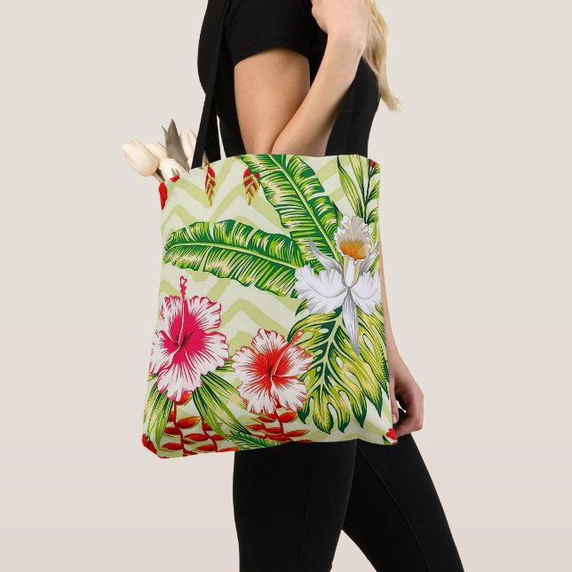 Bolso De Tela Elegantes hojas tropicales y flores hibiscus | (Detalle)