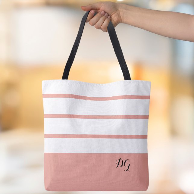 Bolso De Tela Elegantes iniciales de monograma de rayas modernas (Elegant Modern Bold Stripes Monogram Initials Pink & White Canvas Shopping Shoulder Tote Bag)