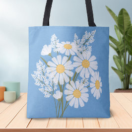 Bolso De Tela Elegantes margaritas blancas florales en azul