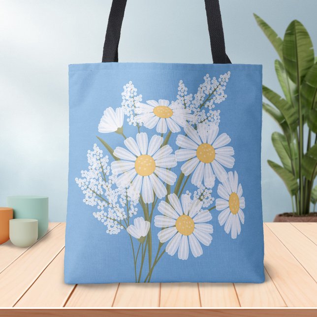 Bolso De Tela Elegantes margaritas blancas florales en azul (Subido por el creador)