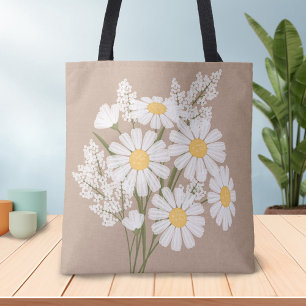 Bolso De Tela Elegantes margaritas blancas florales en beige