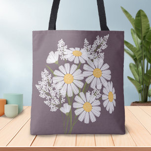 Bolso De Tela Elegantes Margaritas Blancas Florales sobre Ciruel