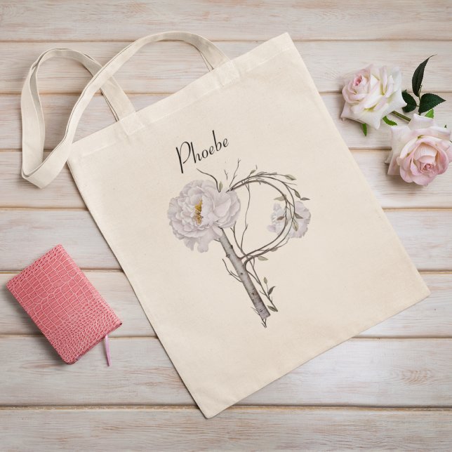Bolso De Tela Elegantes Peonies Monograma Floral P Personalizado (Subido por el creador)