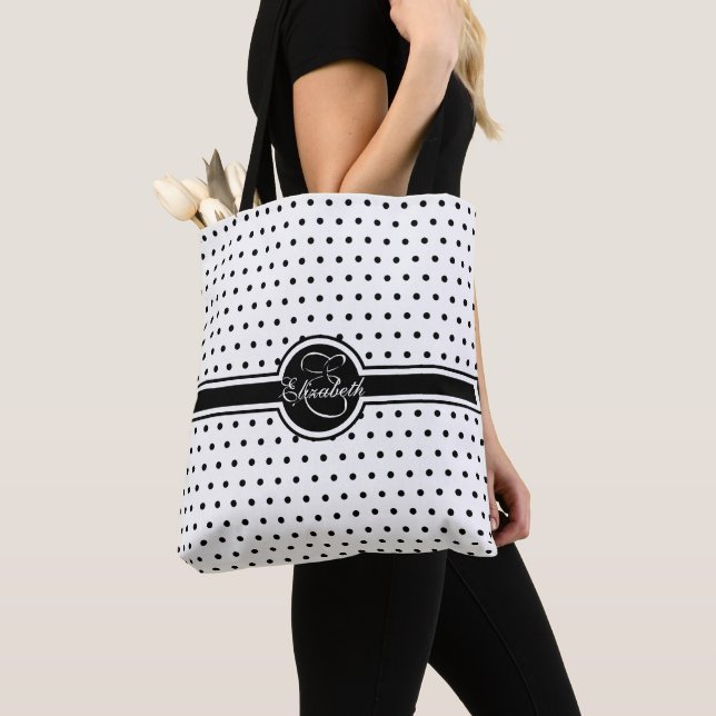 Bolso De Tela Elegantes puntos de polka negra en monograma blanc (Detalle)