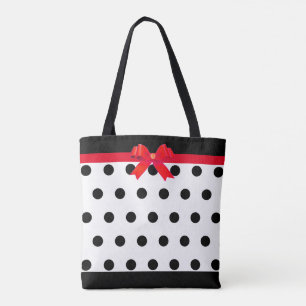 Bolso De Tela Elegantes puntos de polka negro con cinta roja