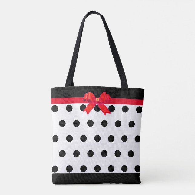 Bolso De Tela Elegantes puntos de polka negro con cinta roja (Reverso)