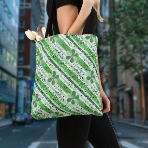 Bolso De Tela Elegantes Rayas Blancas y Verdes de Trébol con Bri