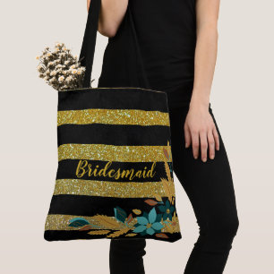 Bolso De Tela Elegantes Rayas Doradas Florales de Dama de Honor 