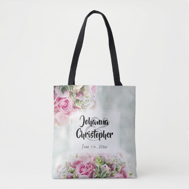 Bolso De Tela Elegantes rosas rosas y peonías en Boda Verde azul (Anverso)