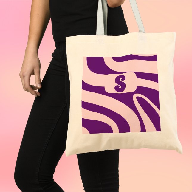 Bolso De Tela Elementos Esenciales de Vibraciones Retro (Retro Vibes groovy waves pink and purple budget tote bag.)