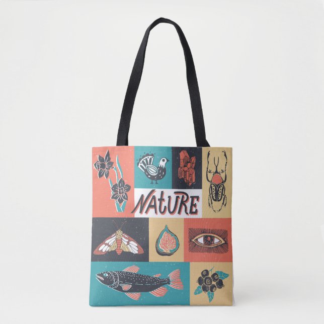 Bolso De Tela Elementos Naturales, Iconos De Estilo Retro. (Anverso)