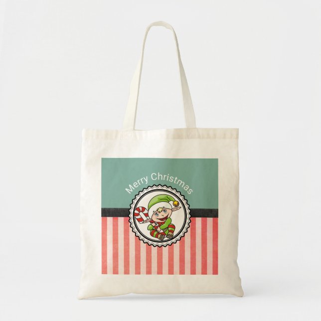 Bolso De Tela Elf de Navidades con Candy Cane Feliz Navidad (Frente)