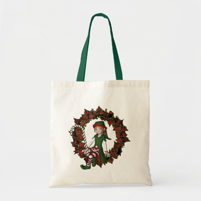Bolso De Tela Elf On Wreath Navidades Holiday Tote Bag (Frente)