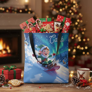 Bolso De Tela Elfo de Navidad alegre en trineo