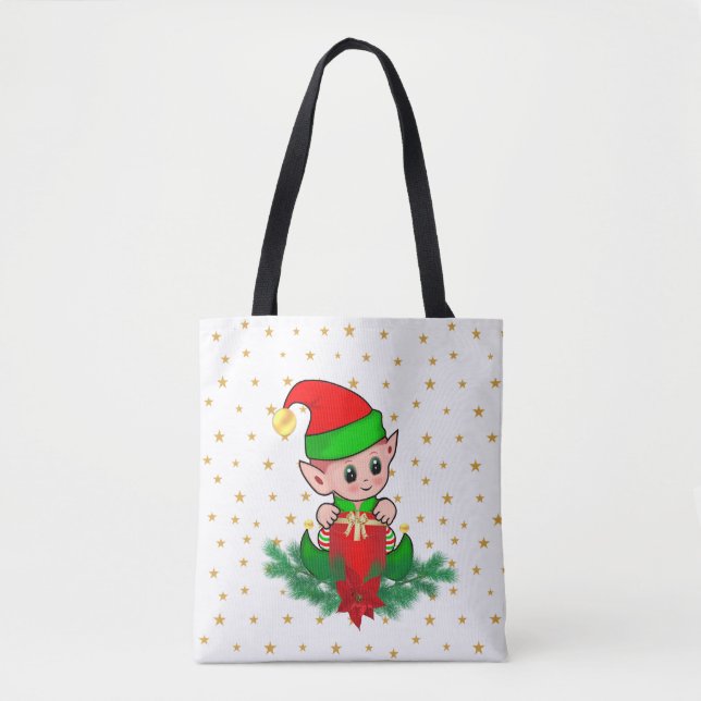 Bolso De Tela elfo navidad, pino, poinsettia y estrellas (Anverso)