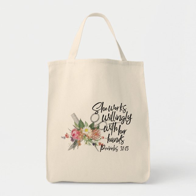 Bolso De Tela Ella Trabaja Sabiamente Con Sus Manos (Frente)