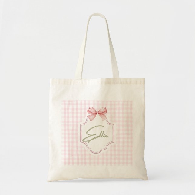 Bolso De Tela Ellie Pink Bow personalizado y Gingham Print (Frente)