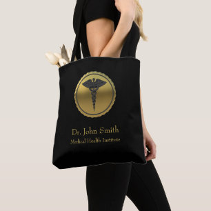 Bolso De Tela Emblema de Caduceo Médico Profesional de Oro 3D