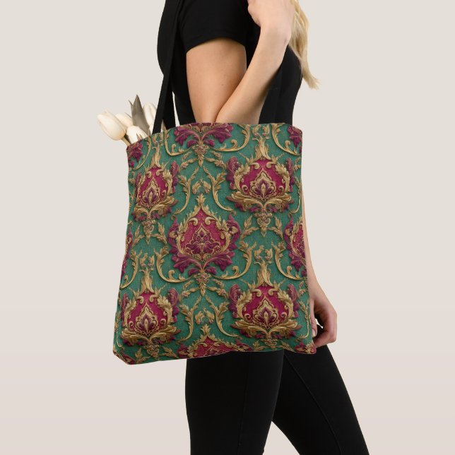 Bolso De Tela Emerald Burgundy Baroque Damask (Detalle)