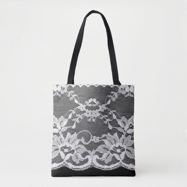 Bolso De Tela Encaje floral blanco: fondo negro. (Anverso)