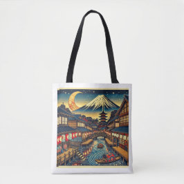 Bolso De Tela Encantador pueblo japonés bajo la luz de la luna F