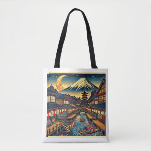 Bolso De Tela Encantador pueblo japonés bajo la luz de la luna F