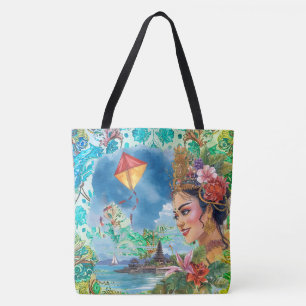 Bolso De Tela Encantadora bailarina de Bali y patrón tropical