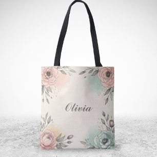 Bolso De Tela Encantadoras Flores Esbozadas en Acuarela