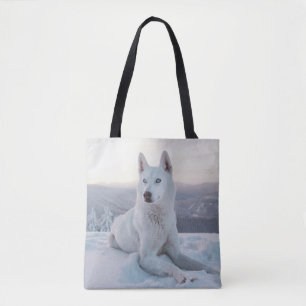 Bolso De Tela Encantando Perro blanco Husky en la nieve