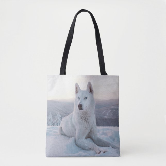 Bolso De Tela Encantando Perro blanco Husky en la nieve (Anverso)