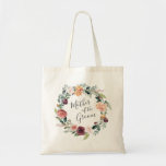 Bolso De Tela Encanto Rústico | Madre del Groom<br><div class="desc">Boda de tote con encanto de campo clásico con un ramo acuarela de crisantemo,  rosas y follaje botánico rodeando las palabras "Madre del Groom". Ideal para los bodas en otoño o invierno. Ideal presente para la madre del novio.</div>