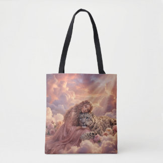 Bolso De Tela Enchanting Woman & Snow Leopard Cloud Fantasy Art 