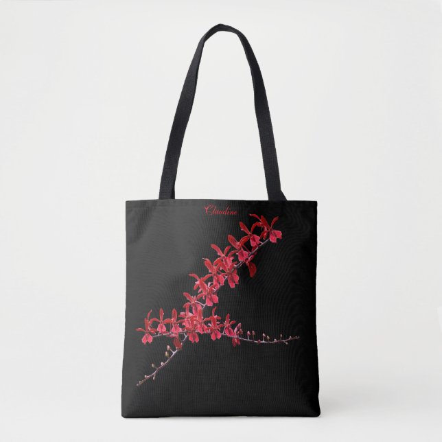Bolso De Tela "Encuentro con orquídeas rojas largas" Tote negro (Anverso)