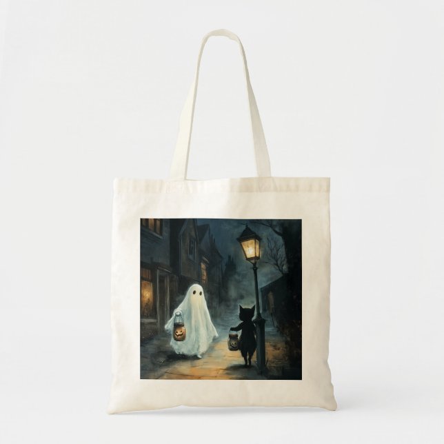 Bolso De Tela Encuentro de Fantasma y Gato de Halloween (Frente)
