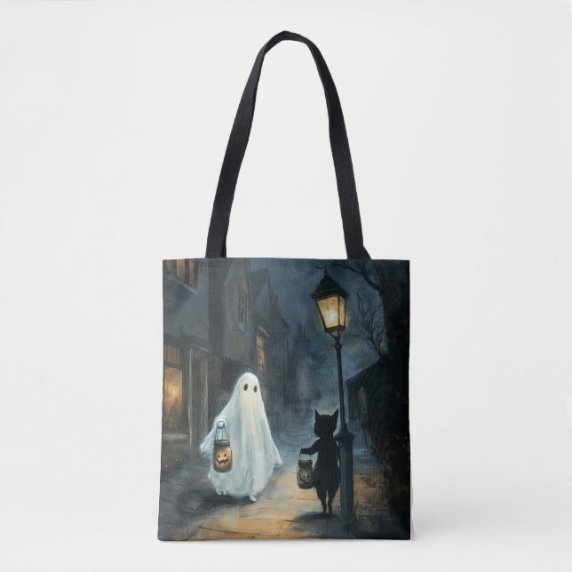 Bolso De Tela Encuentro de Fantasma y Gato de Halloween (Anverso)