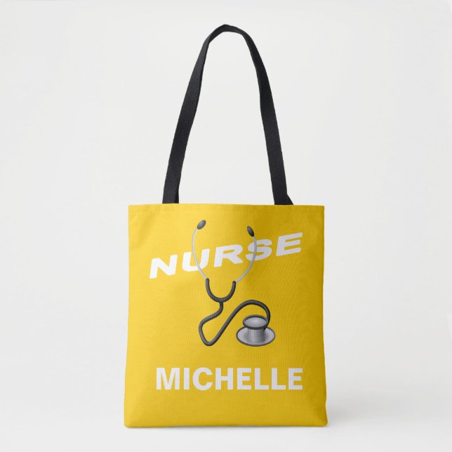 Bolso De Tela Enfermera con nombre de Personalizable AMARILLO (Anverso)