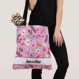 Bolso De Tela Enfermera de arte médico Nombre rosa Personalizad