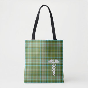 Bolso De Tela Enfermera Green Plaid Medical Caduceus