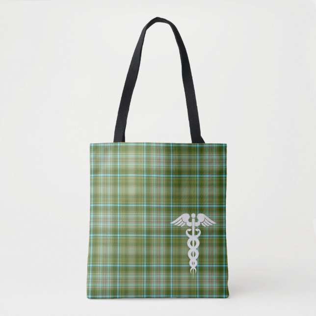 Bolso De Tela Enfermera Green Plaid Medical Caduceus (Anverso)