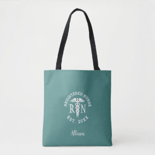 Bolso De Tela Enfermera inscrita Caduceus Verde azulado blanco p