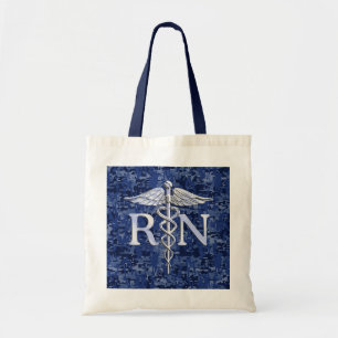 Bolso De Tela Enfermera Registrada RN Caduceo en Camuflaje Azul