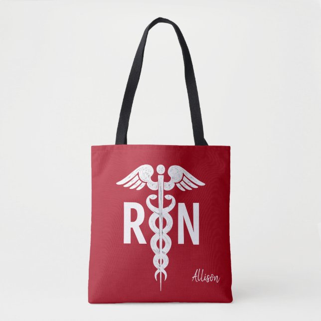 Bolso De Tela Enfermera RN Caduceus rojo blanco monogramado (Anverso)