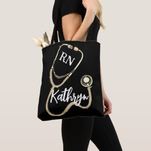 Bolso De Tela Enfermera RN Gold Stethoscope Negro Minimalista
