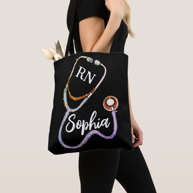 Bolso De Tela Enfermera RN Purple Gold Stethoscope Negro Minimal (Detalle)