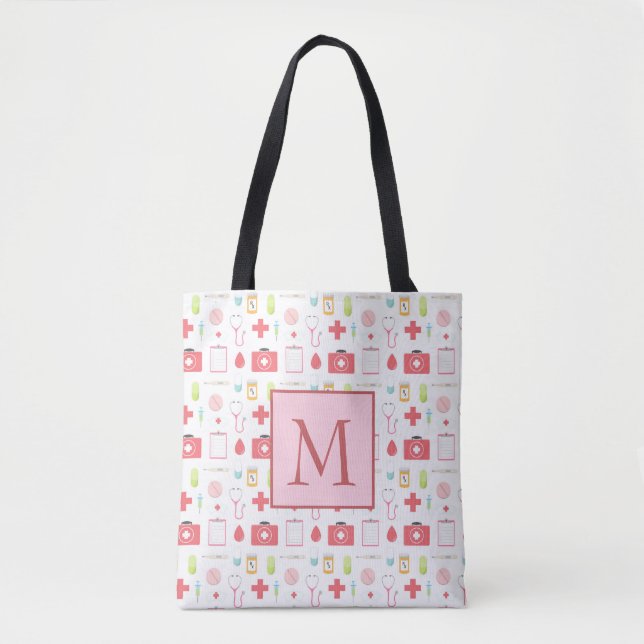 Bolso De Tela Enfermera rosada y blanca del monograma (Anverso)